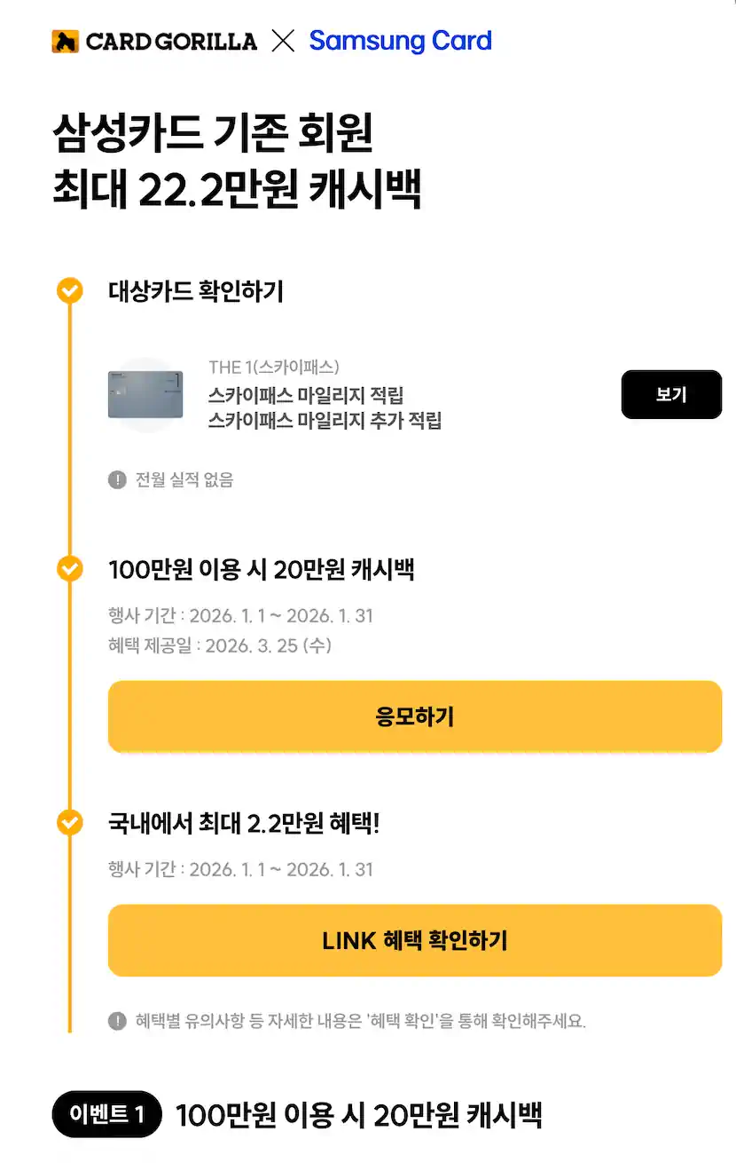 카드고릴라, 삼성카드 기존 회원 대상 THE1 스카이패스 발급시 20만원 캐시백